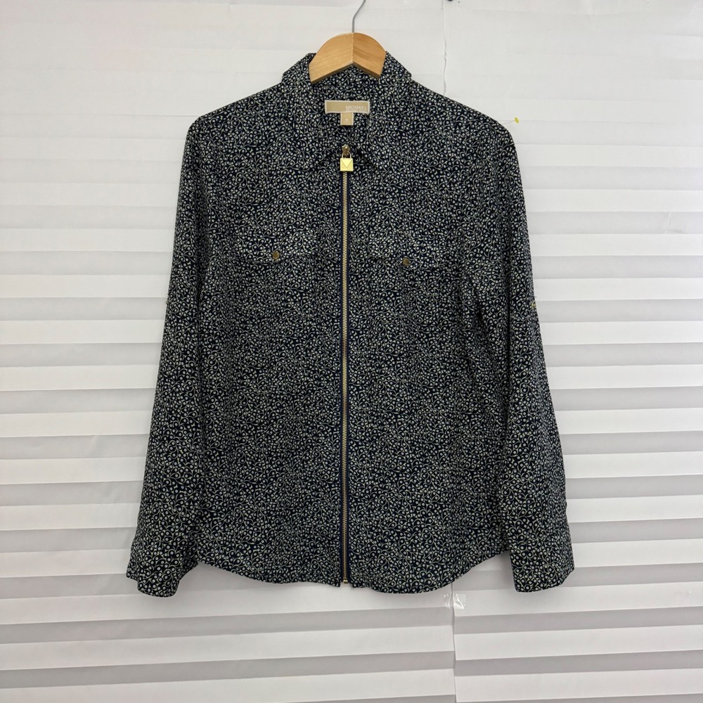 Michael Kors‎ Navy Lime Floral Zip Front Utility Shirt Padlock Pull Medium